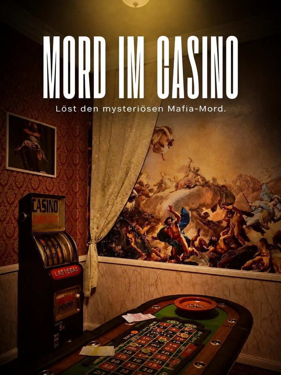 Cover des Escape Rooms Mord im Casino mit Roulette-Tisch und Spielautomat